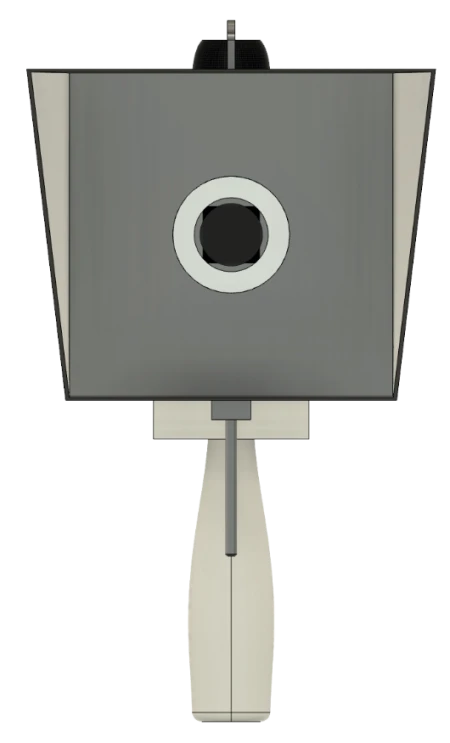 Front view of the marbling device with a handle and ring light